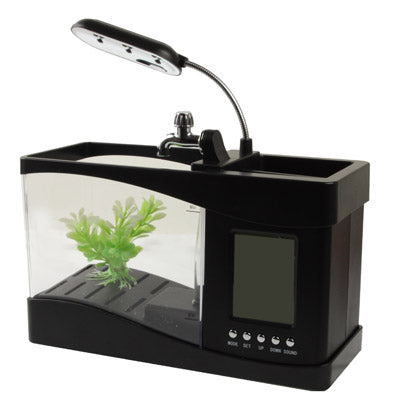 USB Desktop Aquarium Mini Fish Tank with Running Water and 6 LED Light, LCD Clock Display with Calendar, Time and Alarm (Holds 1.5 Quarts of Water)(Black) - Fish Tanks & Accessories by buy2fix | Online Shopping UK | buy2fix