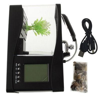 USB Desktop Aquarium Mini Fish Tank with Running Water and 6 LED Light, LCD Clock Display with Calendar, Time and Alarm (Holds 1.5 Quarts of Water)(Black) - Fish Tanks & Accessories by buy2fix | Online Shopping UK | buy2fix