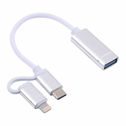 USB 3.0 Female to 8 Pin + USB-C / Type-C Male Charging + Transmission OTG Nylon Braided Adapter Cable, Cable Length: 11cm(Silver + White) - Converter & Adapter by buy2fix | Online Shopping UK | buy2fix