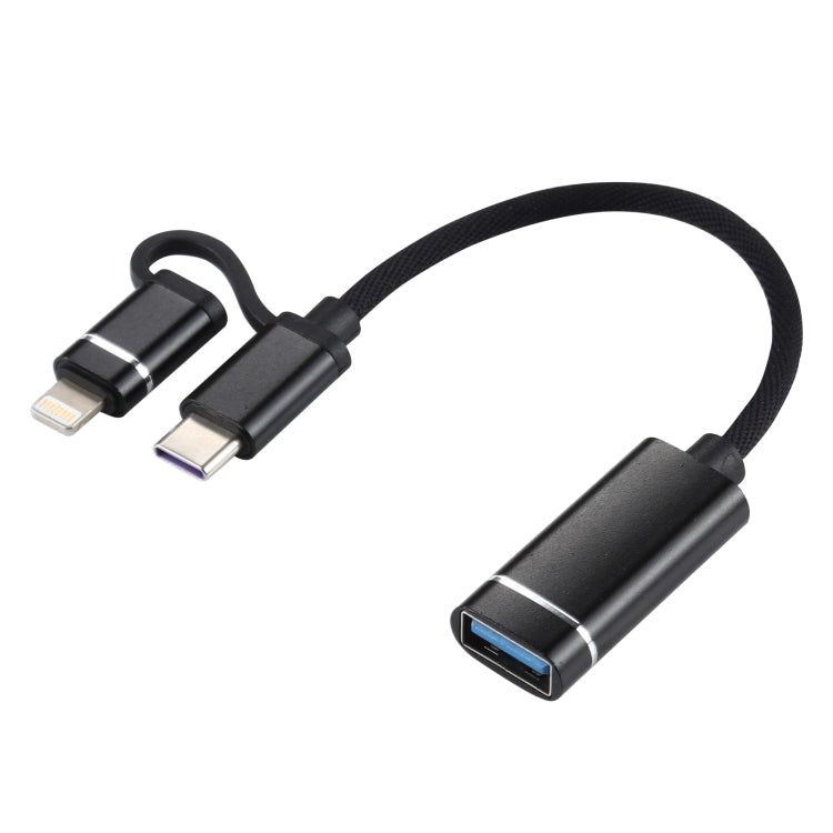 USB 3.0 Female to 8 Pin + USB-C / Type-C Male Charging + Transmission OTG Nylon Braided Adapter Cable, Cable Length: 11cm(Black) - Converter & Adapter by buy2fix | Online Shopping UK | buy2fix