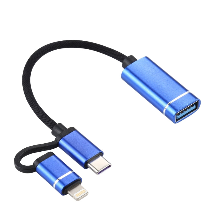 USB 3.0 Female to 8 Pin + USB-C / Type-C Male Charging + Transmission OTG Nylon Braided Adapter Cable, Cable Length: 11cm(Blue) - Converter & Adapter by buy2fix | Online Shopping UK | buy2fix
