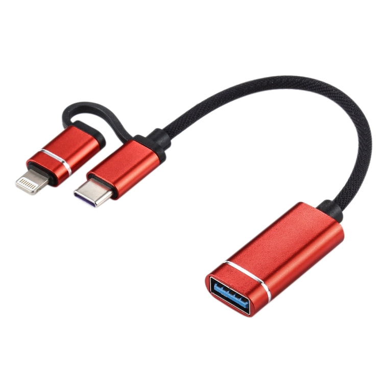 USB 3.0 Female to 8 Pin + USB-C / Type-C Male Charging + Transmission OTG Nylon Braided Adapter Cable, Cable Length: 11cm(Red) - Converter & Adapter by buy2fix | Online Shopping UK | buy2fix
