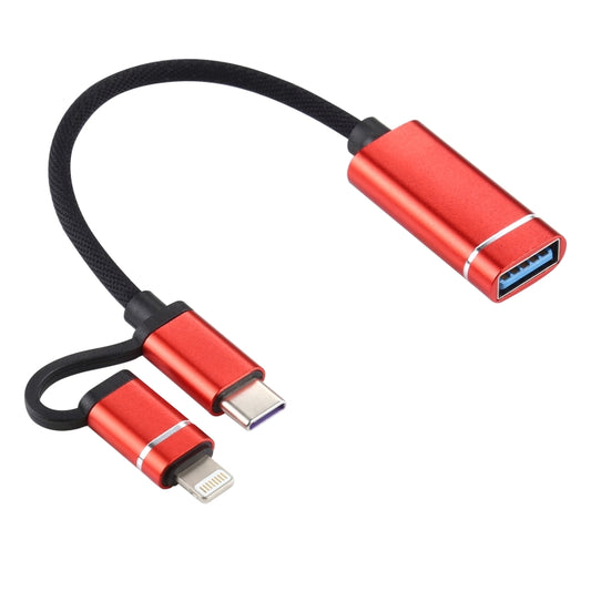 USB 3.0 Female to 8 Pin + USB-C / Type-C Male Charging + Transmission OTG Nylon Braided Adapter Cable, Cable Length: 11cm(Red) by buy2fix