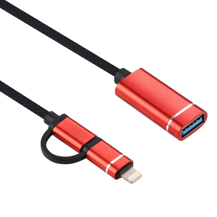 USB 3.0 Female to 8 Pin + USB-C / Type-C Male Charging + Transmission OTG Nylon Braided Adapter Cable, Cable Length: 11cm(Red) - Converter & Adapter by buy2fix | Online Shopping UK | buy2fix