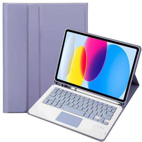 For iPad 11 2025 / 10th Gen 10.9 2022 A10B-A Lambskin Texture Bluetooth Touch Keyboard Leather Tablet Case with Pen Slot (Purple)