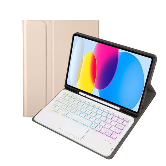 For iPad 11 2025 / 10th Gen 10.9 2022 A10B-AS Lambskin Texture Backlight Bluetooth Touch Keyboard Leather Tablet Case with Pen Slot(Gold)