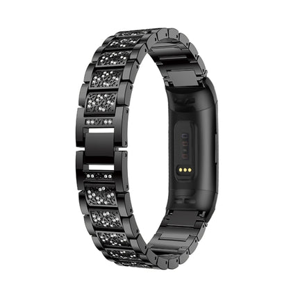 Diamond-studded Solid Stainless Steel Watch Band for Fitbit Charge 3(Black) - Watch Bands by buy2fix | Online Shopping UK | buy2fix