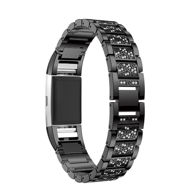 Diamond-studded Solid Stainless Steel Watch Band for Fitbit Charge 2(Black) - Watch Bands by buy2fix | Online Shopping UK | buy2fix