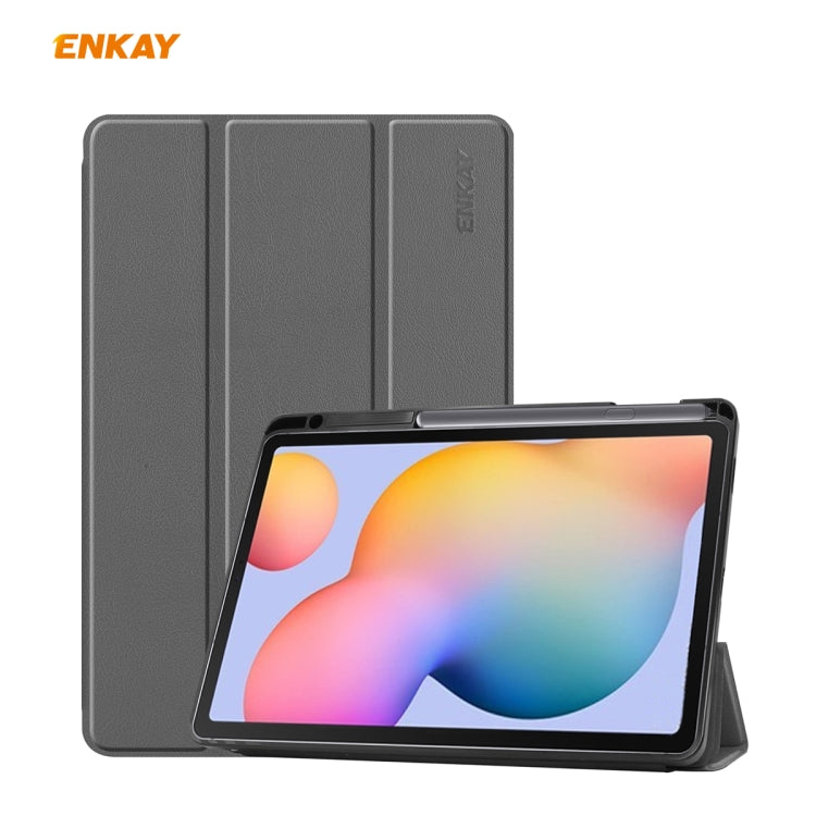 For Samsung Galaxy Tab S6 Lite P610 / P615 / Tab S6 Lite 2022 / P613 / P619 ENKAY Leather Smart Tablet Case with Pen Slot(Grey) - Tab S6 Lite P610 / P615 by ENKAY | Online Shopping UK | buy2fix