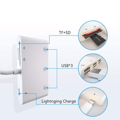 ZS-S1852 6 in 1 3 USB Female to 8 Pin Male OTG Camera Card Reader Adapter with SD & TF Card & 8 Pin Charging Interface, Support All iOS System - Converter & Adapter by buy2fix | Online Shopping UK | buy2fix