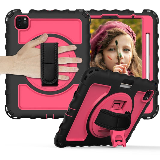 For iPad Air 2022 / 2020 10.9 360 Degree Rotation PC + Silicone Shockproof Combination Case with Holder & Hand Grip Strap & Neck Strap & Pen Slot Holder(Black+Hot Pink) - iPad Air (2022) / (2020) 10.9 Cases by buy2fix | Online Shopping UK | buy2fix