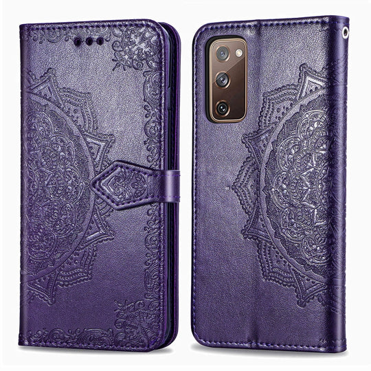 For Galaxy S20 FE / S20 Lite Mandala Flower Embossed Horizontal Flip Leather Case with Bracket / Card Slot / Wallet / Lanyard(Purple)