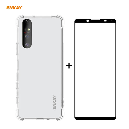 For Sony Xperia 5 II Hat-Prince ENKAY Clear TPU Shockproof Case Soft Anti-slip Cover + 0.26mm 9H 2.5D Full Glue Full Coverage Tempered Glass Protector Film