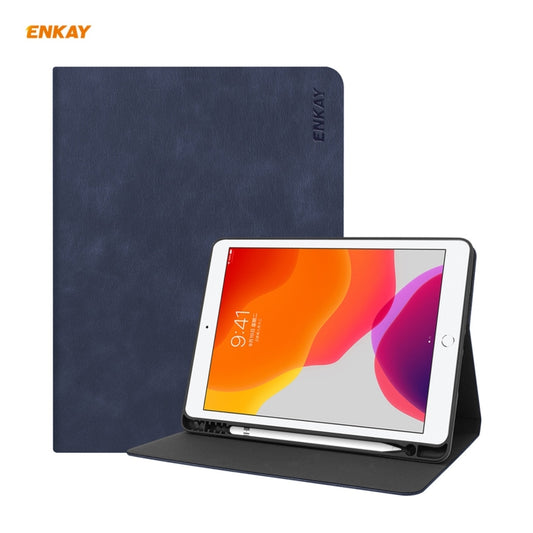 For iPad 10.2 2021 / 2020 / 2019 ENKAY ENK-8023 Cow Texture PU Leather + TPU Smart Case with Pen Slot(Dark Blue) by ENKAY