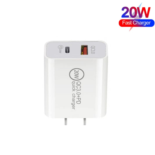 20W PD Type-C + QC 3.0 USB Interface Fast Charging Travel Charger with USB-C / Type-C to Type-C Fast Charge Data Cable US Plug by buy2fix