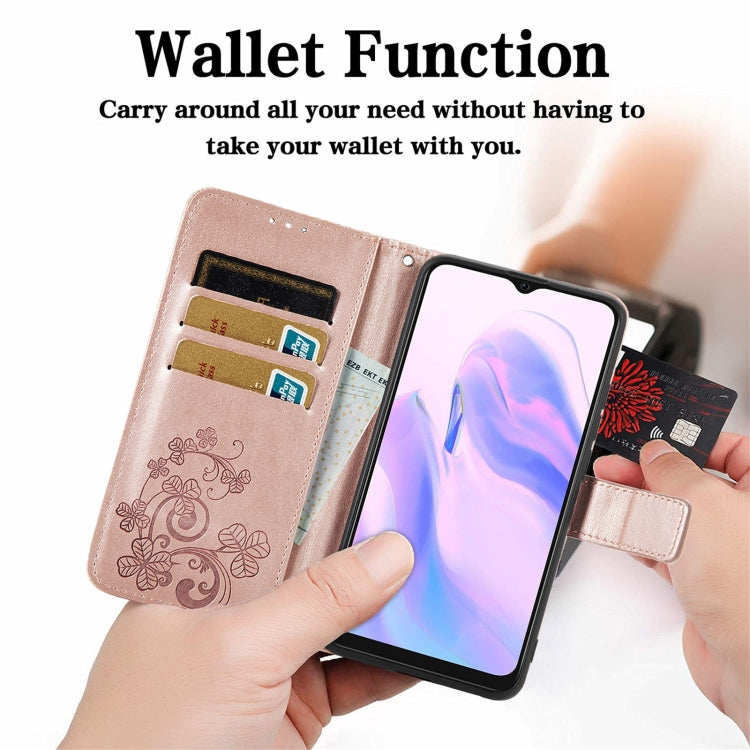For Blackview A70 Four-leaf Clasp Embossed Buckle Mobile Phone Protection Leather Case with Lanyard & Card Slot & Wallet & Bracket Function(Rose Gold) - More Brand by buy2fix | Online Shopping UK | buy2fix