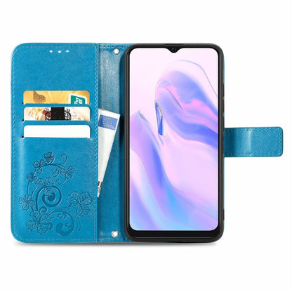 For Blackview A70 Four-leaf Clasp Embossed Buckle Mobile Phone Protection Leather Case with Lanyard & Card Slot & Wallet & Bracket Function(Blue) - More Brand by buy2fix | Online Shopping UK | buy2fix