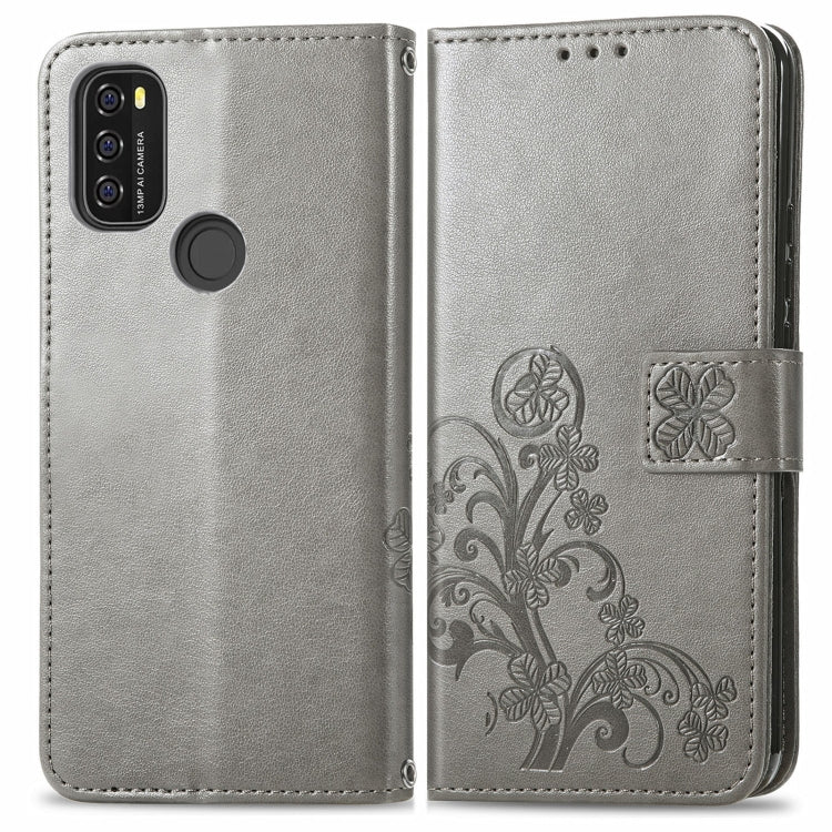 For Blackview A70 Four-leaf Clasp Embossed Buckle Mobile Phone Protection Leather Case with Lanyard & Card Slot & Wallet & Bracket Function(Gray) - More Brand by buy2fix | Online Shopping UK | buy2fix