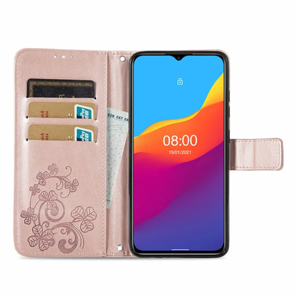 For Ulefone Note 10 Four-leaf Clasp Embossed Buckle Mobile Phone Protection Leather Case with Lanyard & Card Slot & Wallet & Bracket Function(Rose Gold) by buy2fix