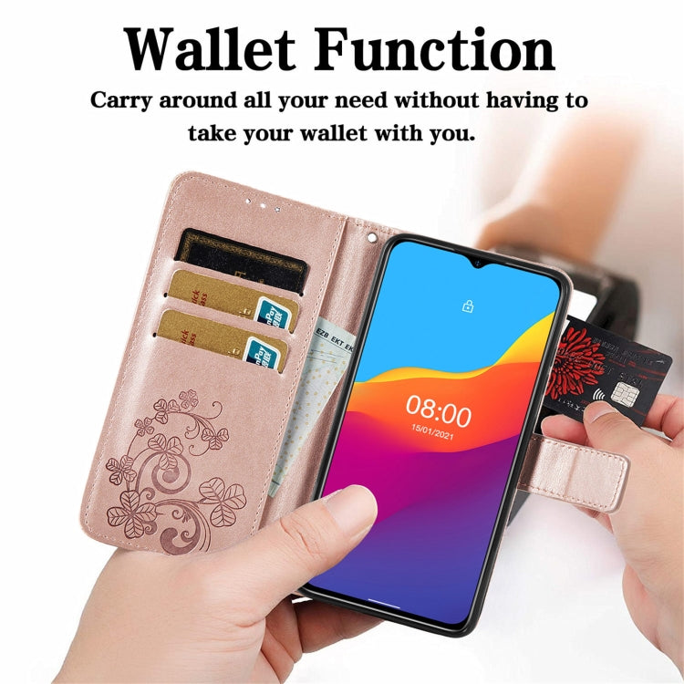 For Ulefone Note 10 Four-leaf Clasp Embossed Buckle Mobile Phone Protection Leather Case with Lanyard & Card Slot & Wallet & Bracket Function(Rose Gold) by buy2fix