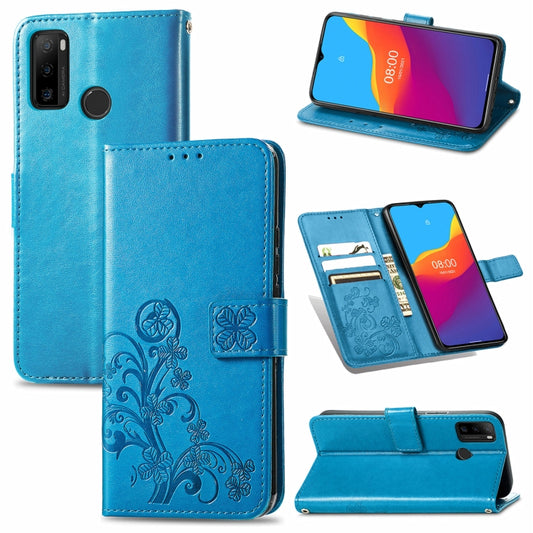 For Ulefone Note 10 Four-leaf Clasp Embossed Buckle Mobile Phone Protection Leather Case with Lanyard & Card Slot & Wallet & Bracket Function(Blue) by buy2fix