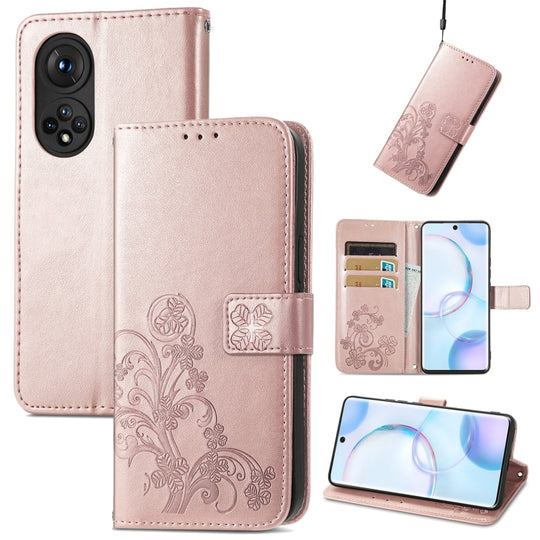 For Honor 50 Four-leaf Clasp Embossed Buckle Mobile Phone Protection Leather Case with Lanyard & Card Slot & Wallet & Bracket Function(Rose Gold)