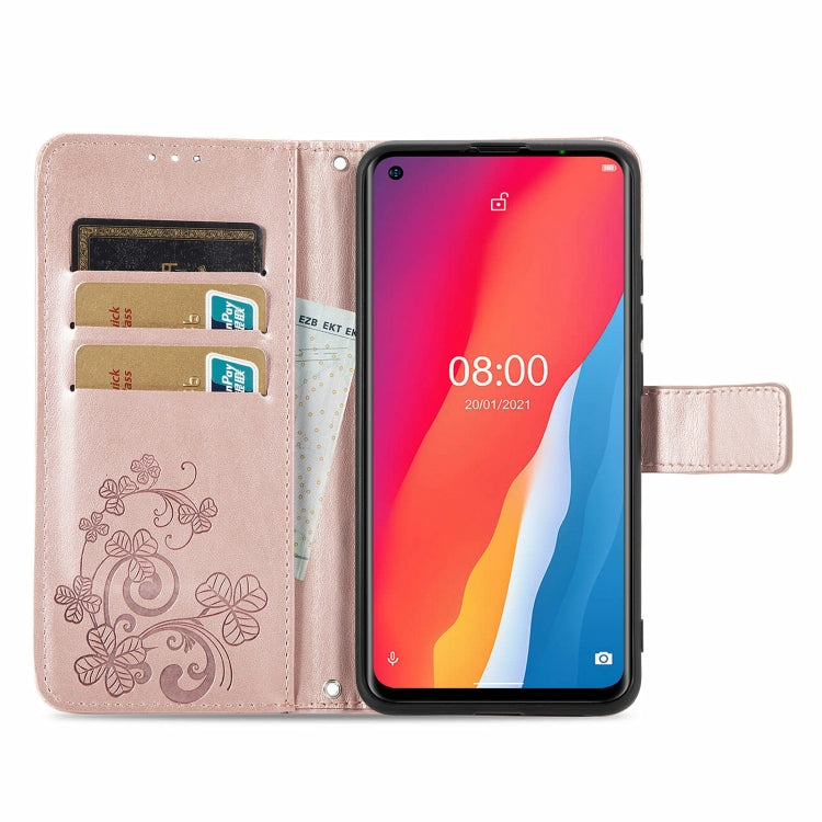 For Ulefone Note 11 Plus Four-leaf Clasp Embossed Buckle Mobile Phone Protection Leather Case with Lanyard & Card Slot & Wallet & Bracket Function(Rose Gold) by buy2fix