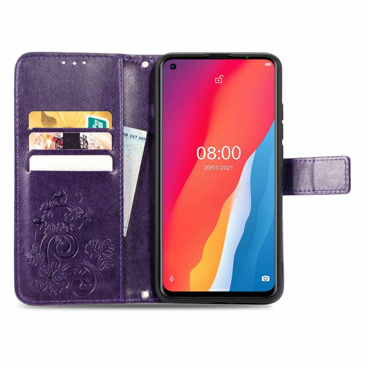 For Ulefone Note 11 Plus Four-leaf Clasp Embossed Buckle Mobile Phone Protection Leather Case with Lanyard & Card Slot & Wallet & Bracket Function(Purple) by buy2fix