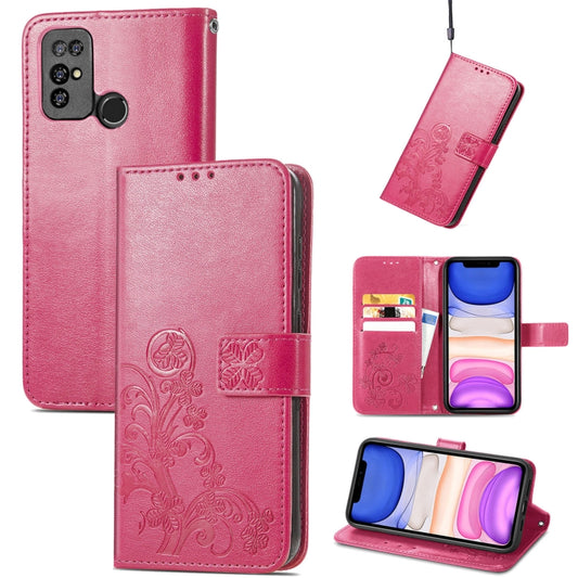 For Doogee X96 Pro Four-leaf Clasp Embossed Buckle Mobile Phone Protection Leather Case with Lanyard & Card Slot & Wallet & Bracket Function(Magenta) by buy2fix