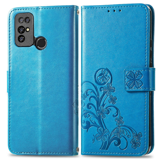 For Doogee X96 Pro Four-leaf Clasp Embossed Buckle Mobile Phone Protection Leather Case with Lanyard & Card Slot & Wallet & Bracket Function(Blue) by buy2fix