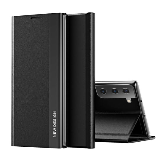For Samsung Galaxy S21 FE Side Electroplated Magnetic Ultra-Thin Horizontal Flip Leather Case with Holder(Black)