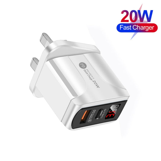 F002C QC3.0 USB + USB 2.0 LED Digital Display Fast Charger with USB to Type-C Data Cable, UK Plug(White) by buy2fix