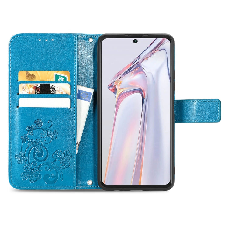 For Blackview A100 Four-leaf Clasp Embossed Buckle Mobile Phone Protection Leather Case with Lanyard & Card Slot & Wallet & Bracket Function(Blue) - More Brand by buy2fix | Online Shopping UK | buy2fix