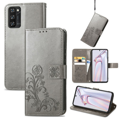 For Blackview A100 Four-leaf Clasp Embossed Buckle Mobile Phone Protection Leather Case with Lanyard & Card Slot & Wallet & Bracket Function(Grey) - More Brand by buy2fix | Online Shopping UK | buy2fix