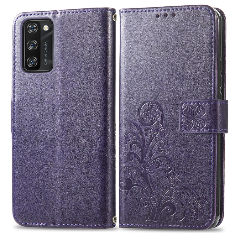 For Blackview A100 Four-leaf Clasp Embossed Buckle Mobile Phone Protection Leather Case with Lanyard & Card Slot & Wallet & Bracket Function(Purple) - More Brand by buy2fix | Online Shopping UK | buy2fix