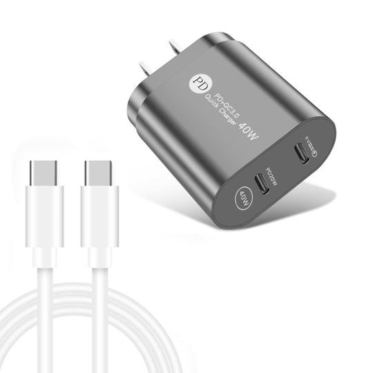 002 40W PD3.0 Dual Port USB-C / Type-C Charger with Type-C to Type-C  Data Cable, US Plug(Black)