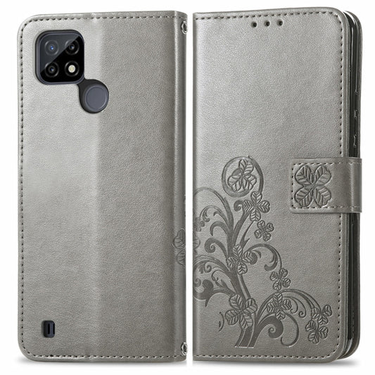 For OPPO Realme C21Y Four-leaf Clasp Embossed Leather Case with Lanyard & Card Slot & Wallet & Holder(Grey) by buy2fix
