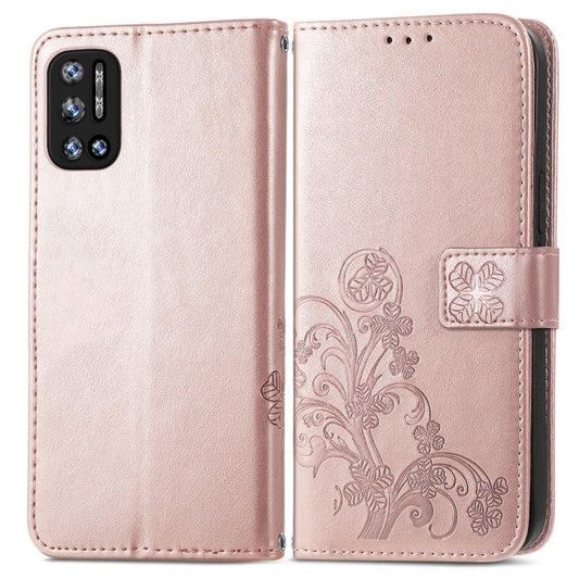 For DOOGEE N40 Pro Four-leaf Clasp Embossed Leather Case with Lanyard & Card Slot & Wallet & Holder(Rose Gold) by buy2fix