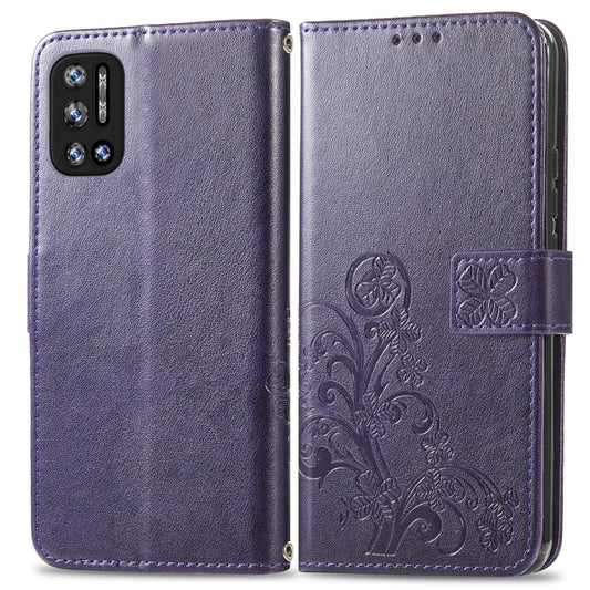 For DOOGEE N40 Pro Four-leaf Clasp Embossed Leather Case with Lanyard & Card Slot & Wallet & Holder(Purple) by buy2fix
