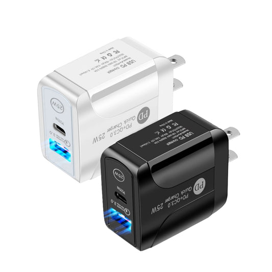 PD25W USB-C / Type-C + QC3.0 USB Dual Ports Fast Charger with USB to Type-C Data Cable, US Plug(Black) by buy2fix