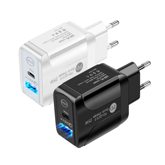 PD25W USB-C / Type-C + QC3.0 USB Dual Ports Fast Charger with USB-C to USB-C Data Cable, EU Plug(Black) by buy2fix