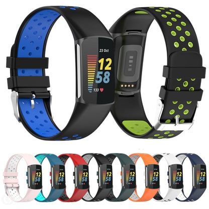 For Fitbit Charge 5 Double Color Metal Buckle Hole Silicone Watch Band(Black Green) - Watch Bands by buy2fix | Online Shopping UK | buy2fix