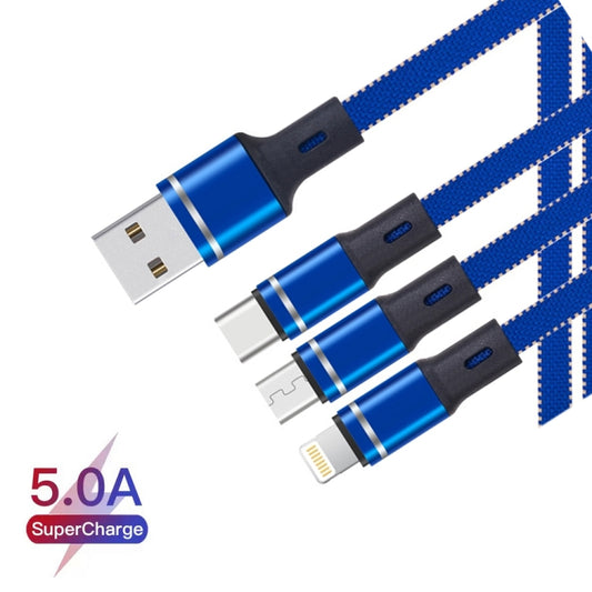 XJ-76 40W 5A 3 in 1 USB to 8 Pin + Type-C + Micro USB Super Flash Charging Cable, Length: 1.18m(Blue) by buy2fix