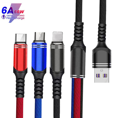 XJ-78 66W 6A 3 in 1 USB to 8 Pin + Type-C + Micro USB Super Flash Charging Cable, Length: 1.2m(Red) - Multifunction Cable by buy2fix | Online Shopping UK | buy2fix