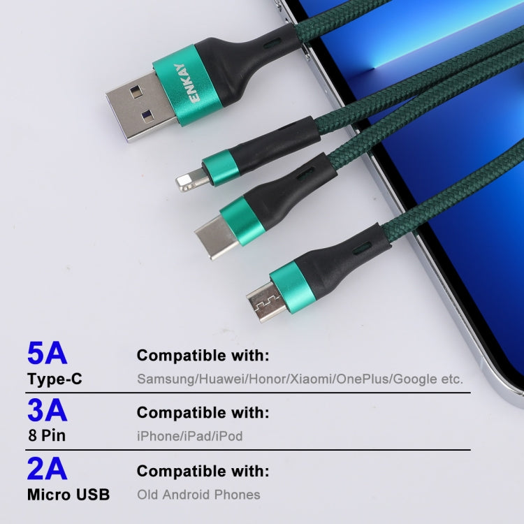 ENKAY ENK-CB120 3 in 1 1.2m USB 3.0 to Type-C / 8 Pin / Micro USB 5A Fast Charging Cable(Green) - Multifunction Cable by ENKAY | Online Shopping UK | buy2fix