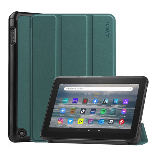 For Amazon Fire 7 12th 2022 ENKAY Smart Leather Tablet Case(Dark Green) - Amazon by ENKAY | Online Shopping UK | buy2fix