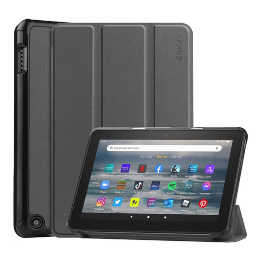 For Amazon Fire 7 12th 2022 ENKAY Smart Leather Tablet Case(Grey) - Amazon by ENKAY | Online Shopping UK | buy2fix