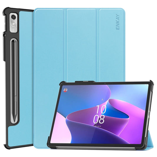 For Lenovo Tab P11 Pro Gen2 11.2 inch 2022 ENKAY Tri-fold Custer Texture Leather Stand Smart Case(Light Blue) - Lenovo by ENKAY | Online Shopping UK | buy2fix