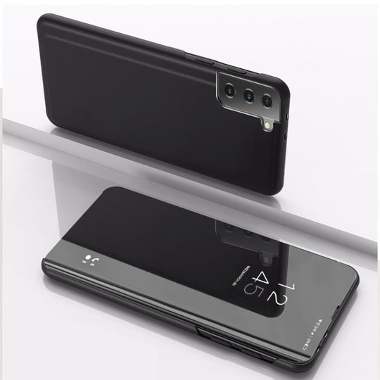 For Samsung Galaxy S23 5G Plated Mirror Leather Phone Case with Holder(Black)