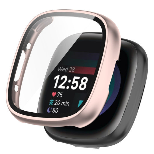For Fitbit Versa 4 PC+ Toughened Film Integrated Protective Case(Rose Gold)